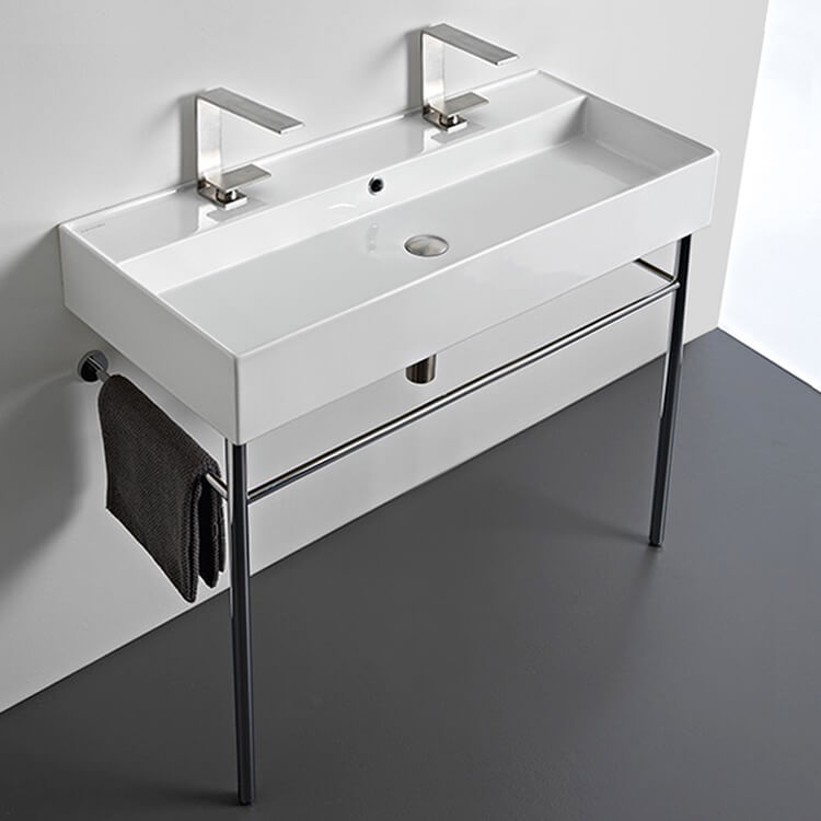 Bathroom Sink, Scarabeo 8031/R-100B-CON, Large Double Ceramic Console Sink and Polished Chrome Stand